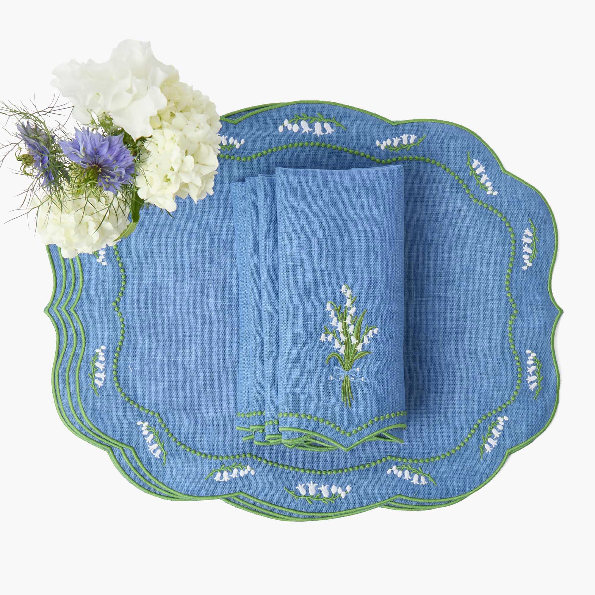 Lily of the Valley Blue Linen Placemats & Napkins (Set of 4) - Image 6